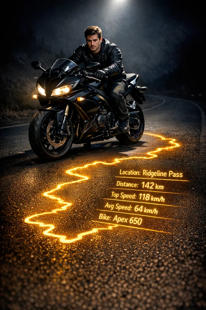 Biker Ride Stats AI Photo Prompt โ Glowing Map Route Cinematic Edit