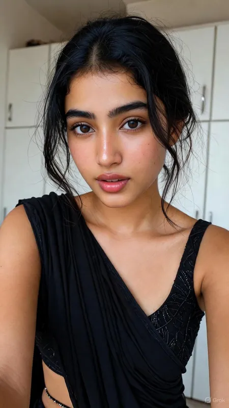 Black Saree Mirror Selfie Portrait - Thumbnail 3