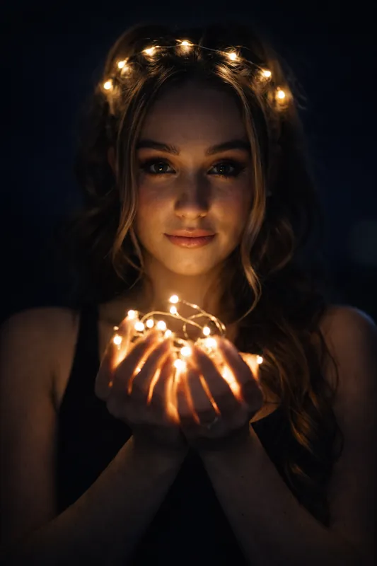 Cinematic Fairy Lights Portrait Woman