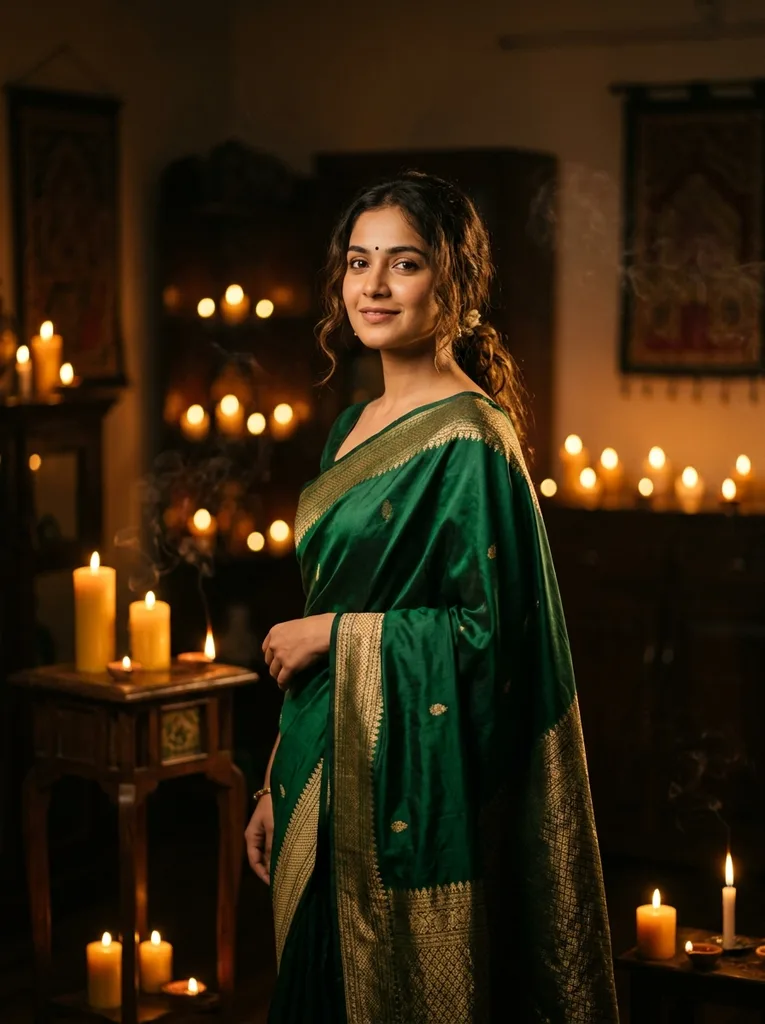 Green Saree Candlelit AI Photo Prompt