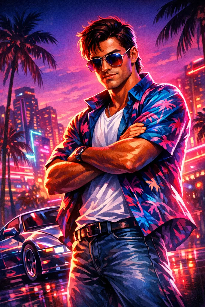 Neon Miami Cinematic Game-Cover Poster AI Photo Prompt