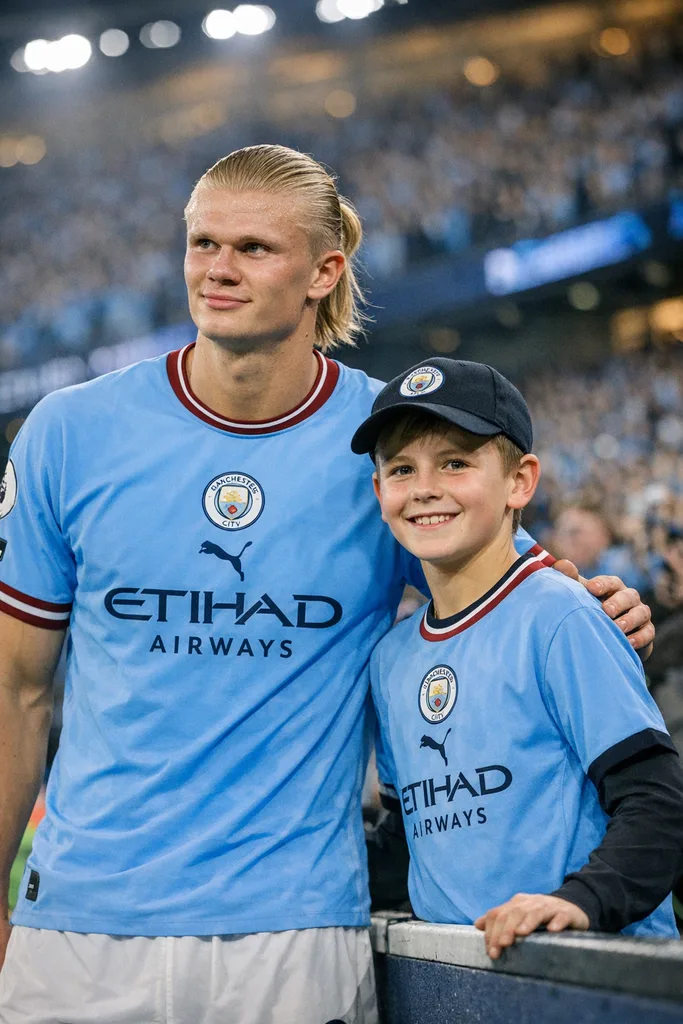 Photo with Erling Haaland at Etihad Stadium - Gemini AI Prompt