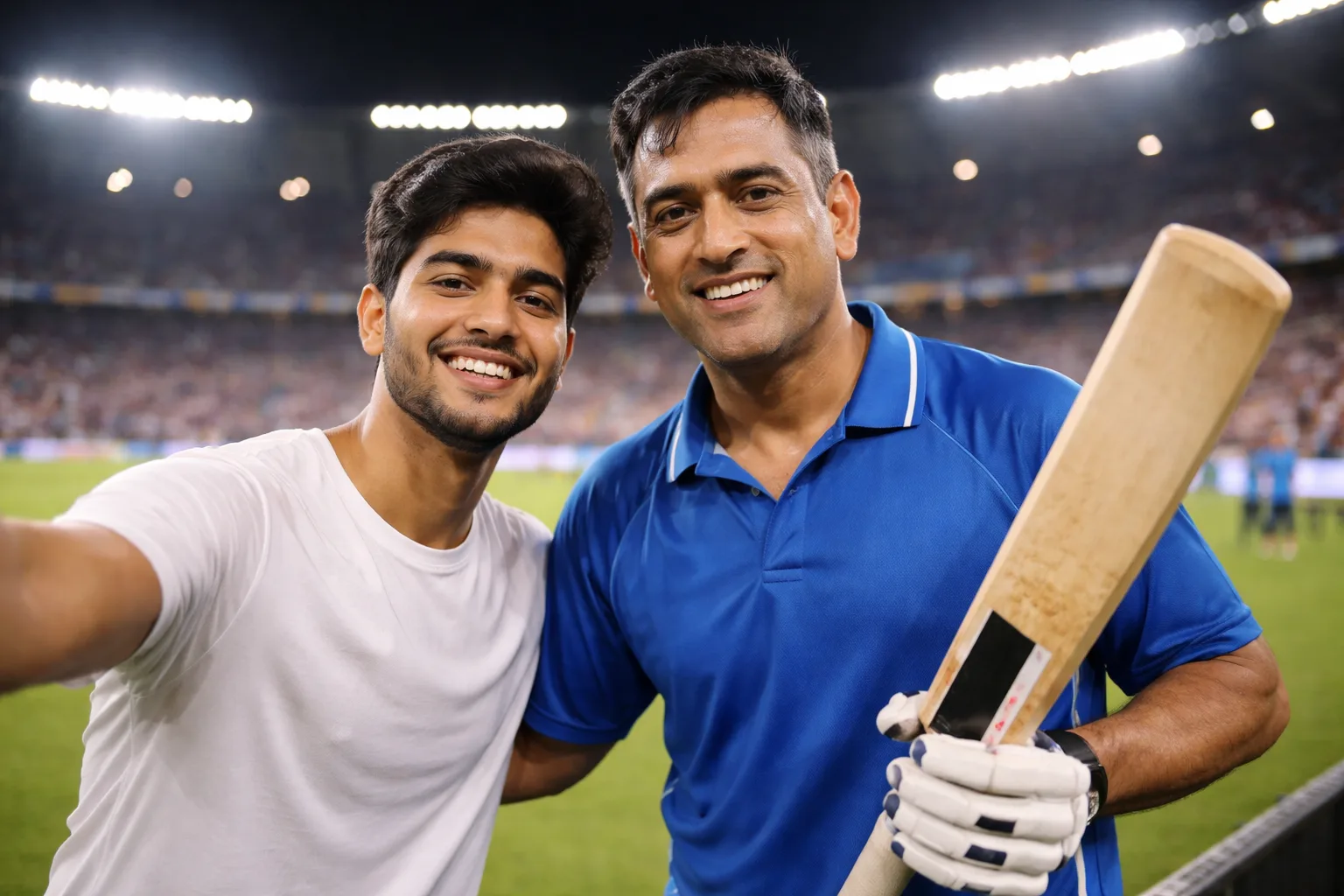 Photo with MS Dhoni at Cricket Stadium - AI Prompt for Gemini