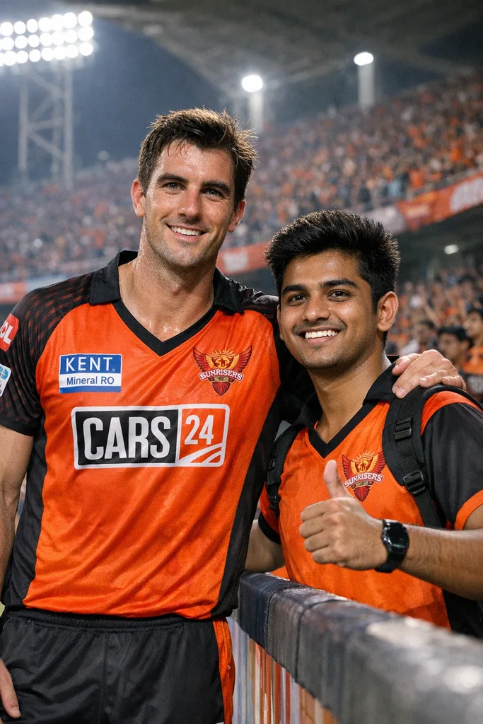 Photo with Pat Cummins at IPL Stadium - Gemini AI Prompt